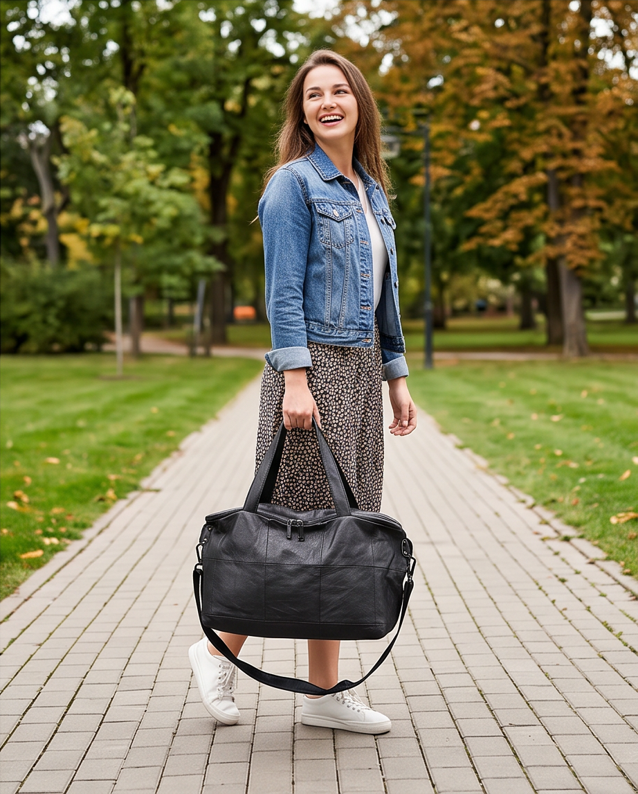 Q-VIVACE Full-Grain Leather Shoulder Duffel Bag for Women – Large Capacity Crossbody & Travel
