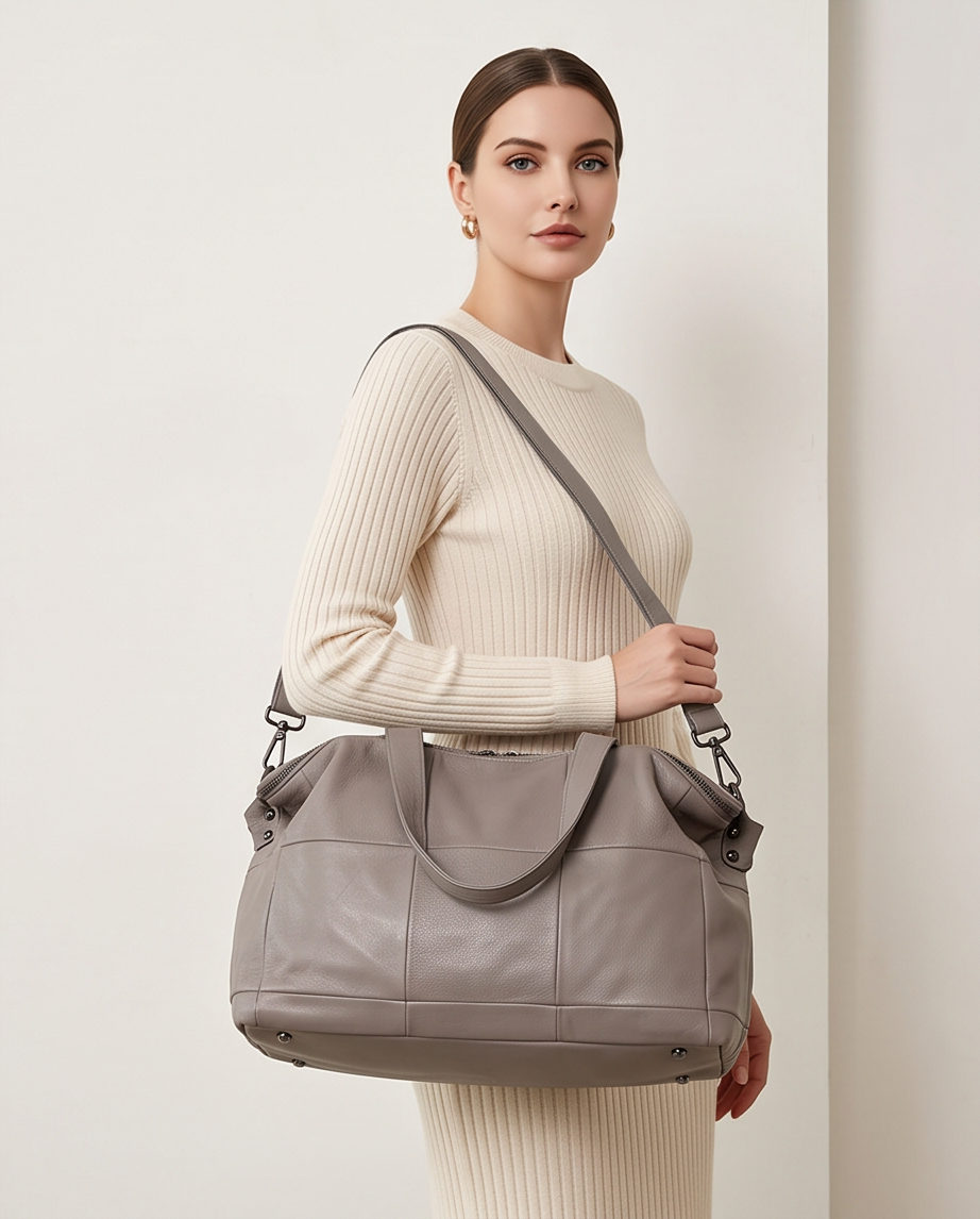 Q-VIVACE Full-Grain Leather Shoulder Duffel Bag for Women – Large Capacity Crossbody & Travel