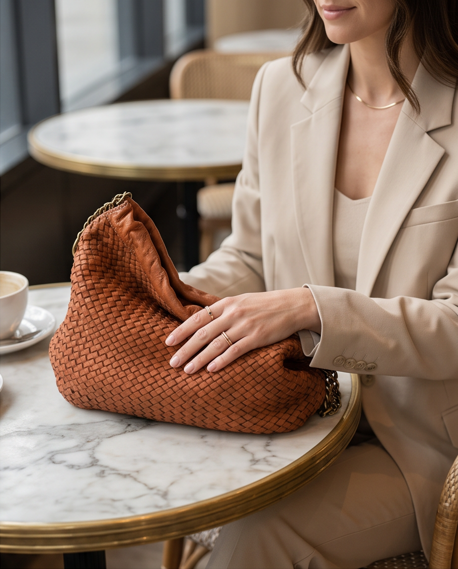 Q-AMOROSA Braided Calfskin Shoulder Bag – Italian Leather, Brass Hardware & Adjustable Strap