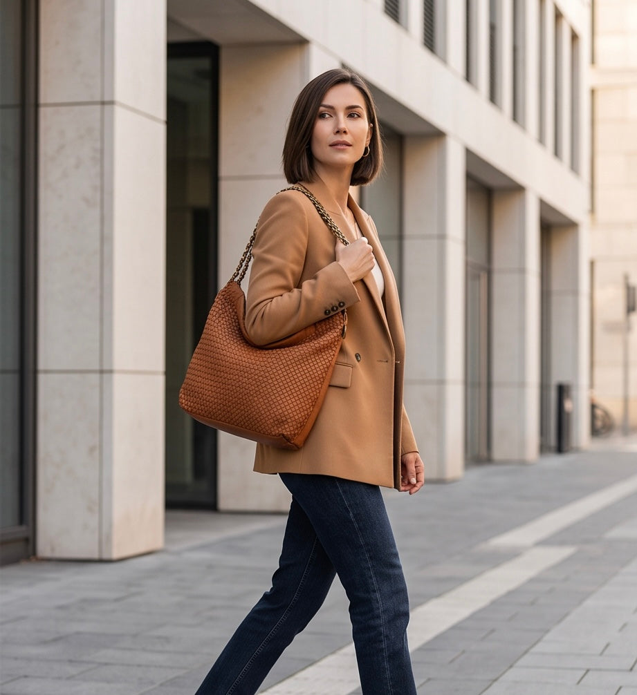 Q-AMOROSA Braided Calfskin Shoulder Bag – Italian Leather, Brass Hardware & Adjustable Strap