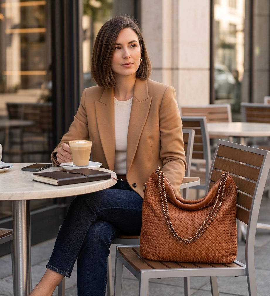 Q-AMOROSA Braided Calfskin Shoulder Bag – Italian Leather, Brass Hardware & Adjustable Strap