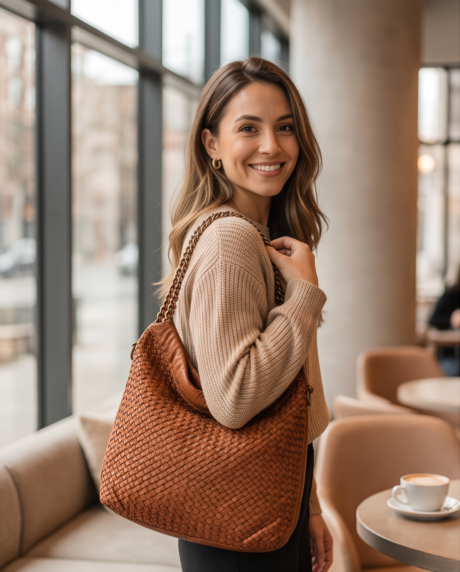 Q-AMOROSA Braided Calfskin Shoulder Bag – Italian Leather, Brass Hardware & Adjustable Strap