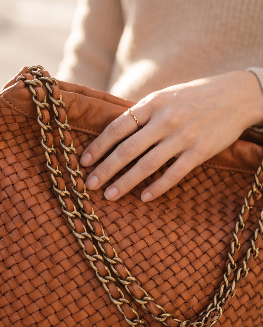 Q-AMOROSA Braided Calfskin Shoulder Bag – Italian Leather, Brass Hardware & Adjustable Strap