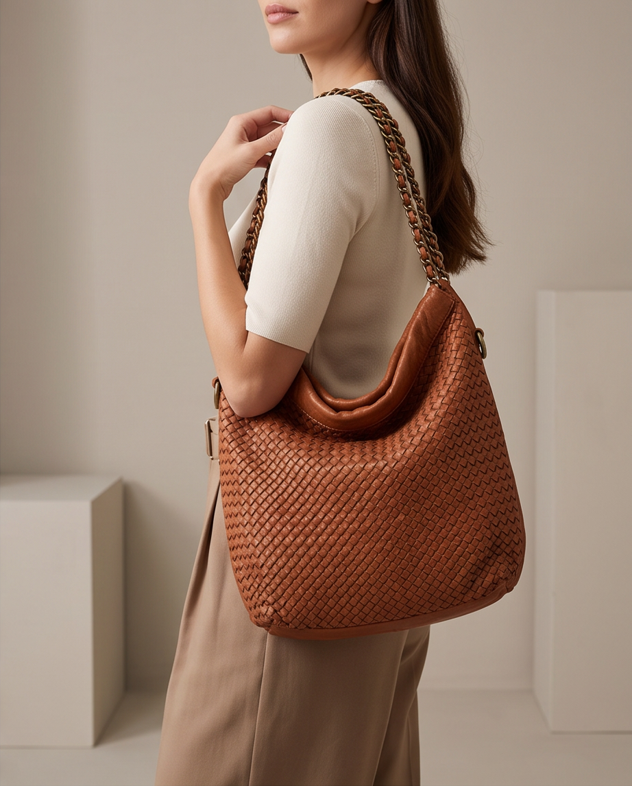 Q-AMOROSA Braided Calfskin Shoulder Bag – Italian Leather, Brass Hardware & Adjustable Strap