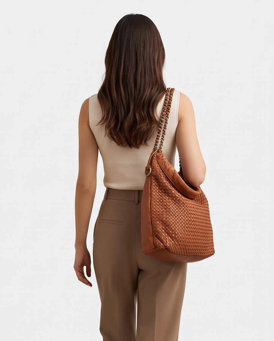 Q-AMOROSA Braided Calfskin Shoulder Bag – Italian Leather, Brass Hardware & Adjustable Strap