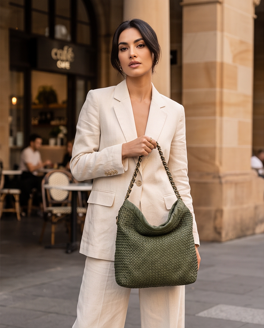 Q-AMOROSA Braided Calfskin Shoulder Bag – Italian Leather, Brass Hardware & Adjustable Strap