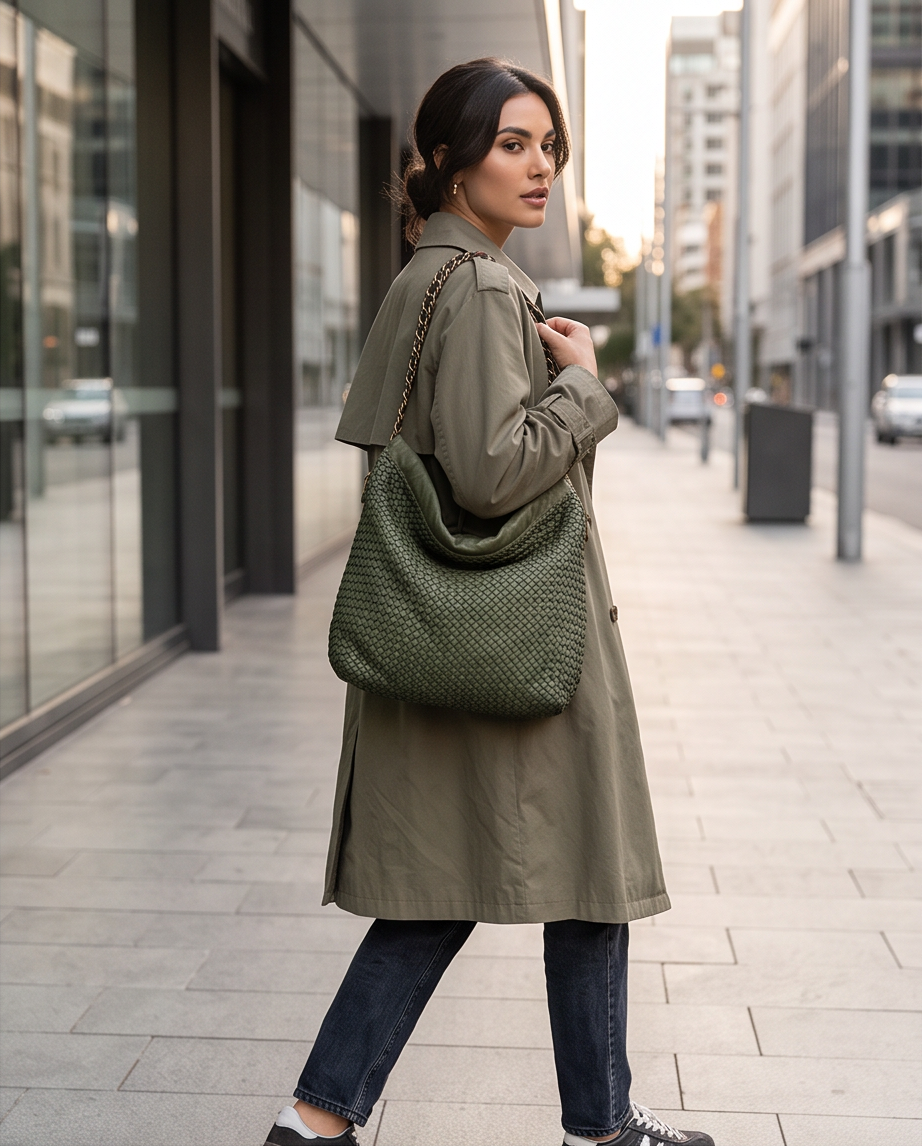Q-AMOROSA Braided Calfskin Shoulder Bag – Italian Leather, Brass Hardware & Adjustable Strap