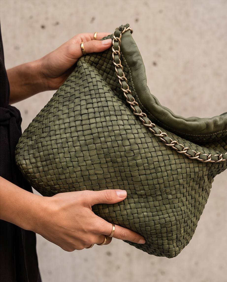 Q-AMOROSA Braided Calfskin Shoulder Bag – Italian Leather, Brass Hardware & Adjustable Strap