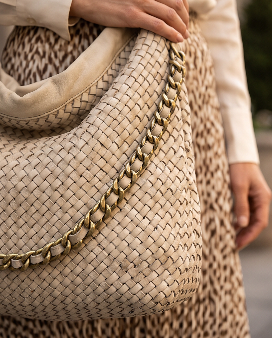 Q-AMOROSA Braided Calfskin Shoulder Bag – Italian Leather, Brass Hardware & Adjustable Strap