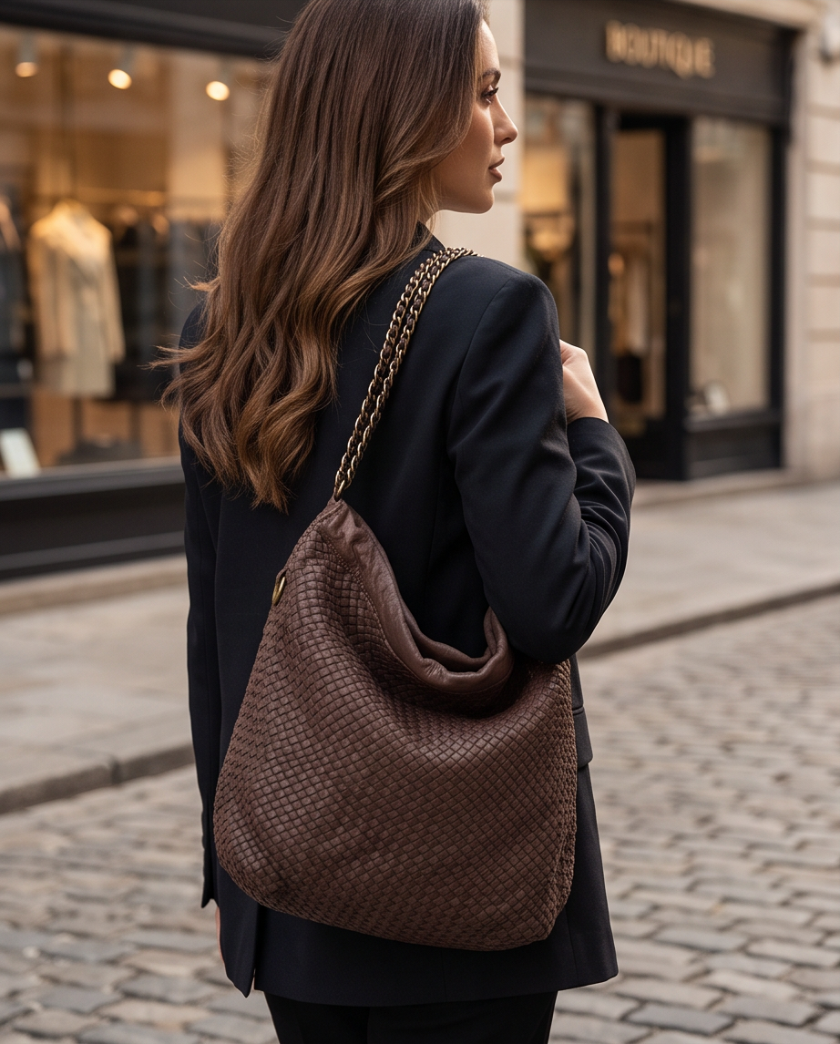 Q-AMOROSA Braided Calfskin Shoulder Bag – Italian Leather, Brass Hardware & Adjustable Strap
