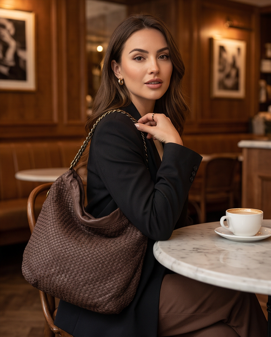 Q-AMOROSA Braided Calfskin Shoulder Bag – Italian Leather, Brass Hardware & Adjustable Strap