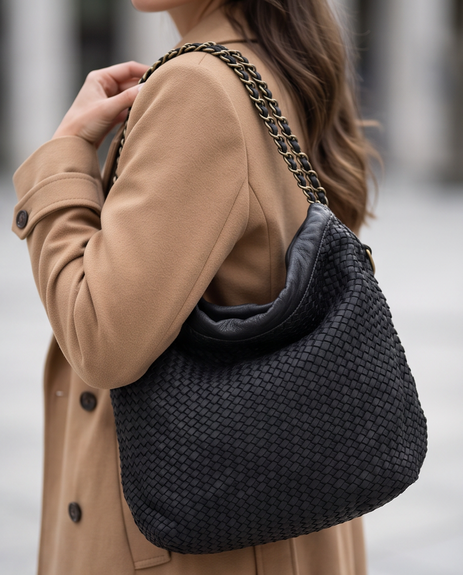 Q-AMOROSA Braided Calfskin Shoulder Bag – Italian Leather, Brass Hardware & Adjustable Strap