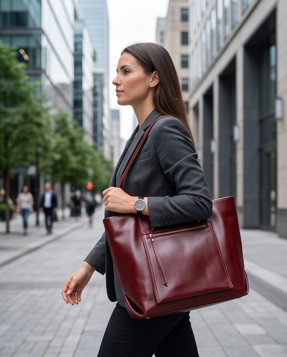 Q-FERA Full-Grain Oil Leather Laptop Tote Bag for Women – 13.3" MacBook, Water-Resistant