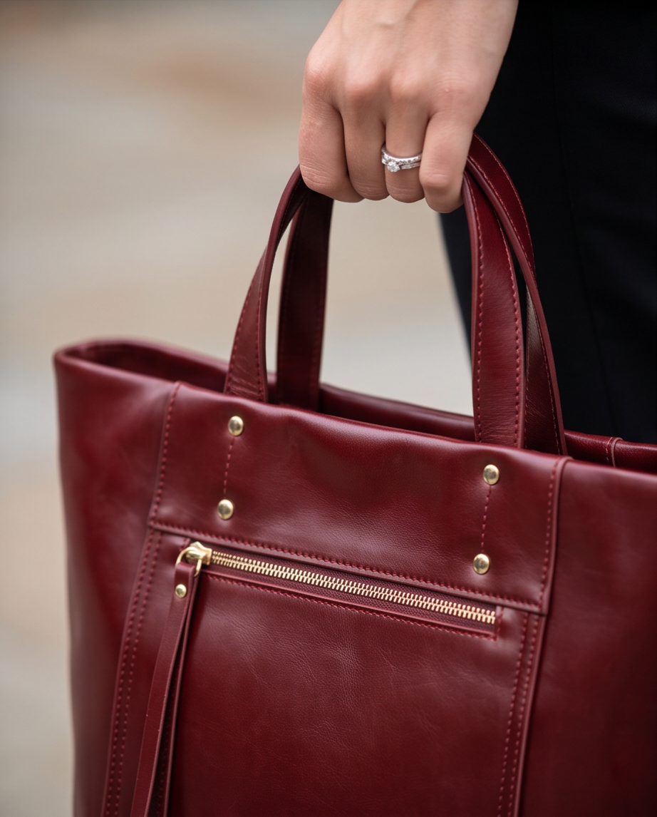 Q-FERA Full-Grain Oil Leather Laptop Tote Bag for Women – 13.3" MacBook, Water-Resistant