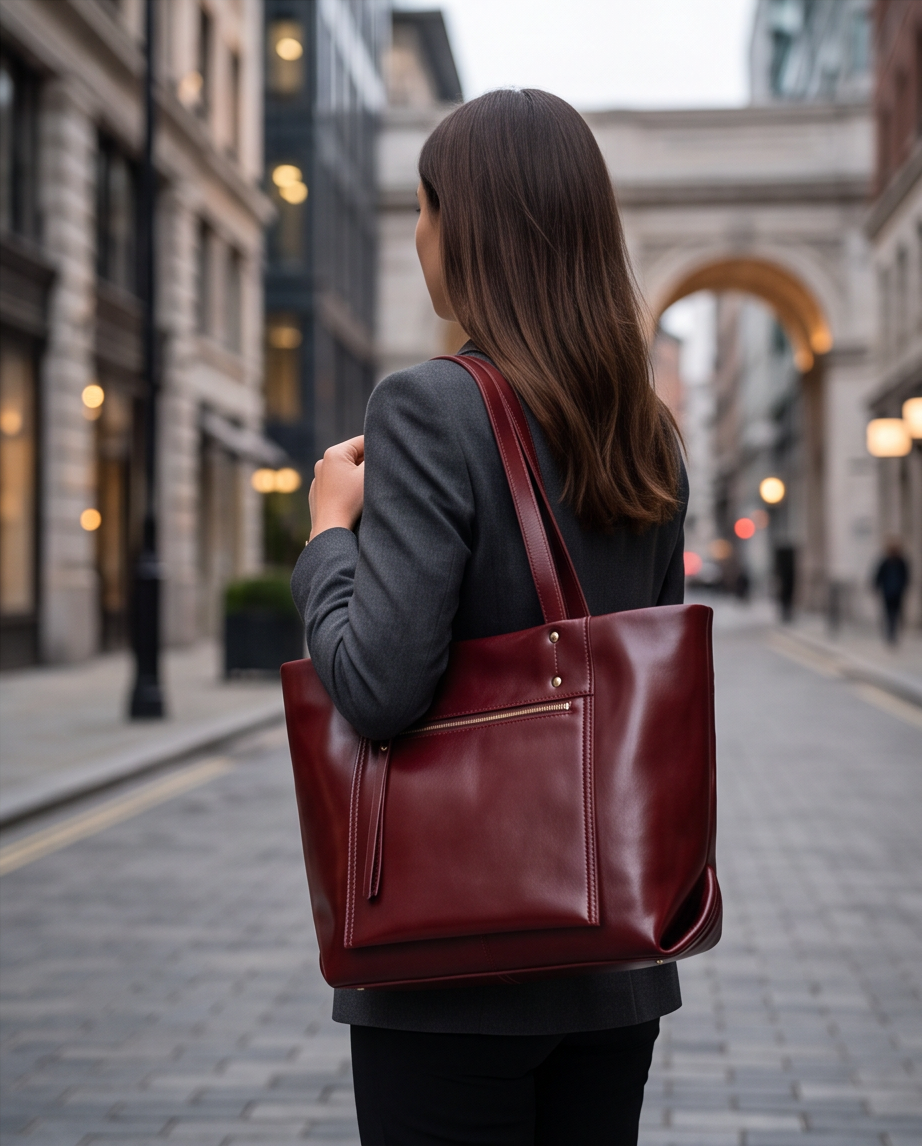 Q-FERA Full-Grain Oil Leather Laptop Tote Bag for Women – 13.3" MacBook, Water-Resistant