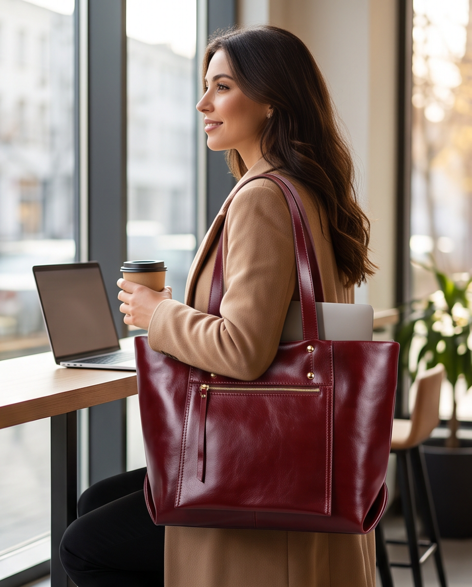 Q-FERA Full-Grain Oil Leather Laptop Tote Bag for Women – 13.3" MacBook, Water-Resistant