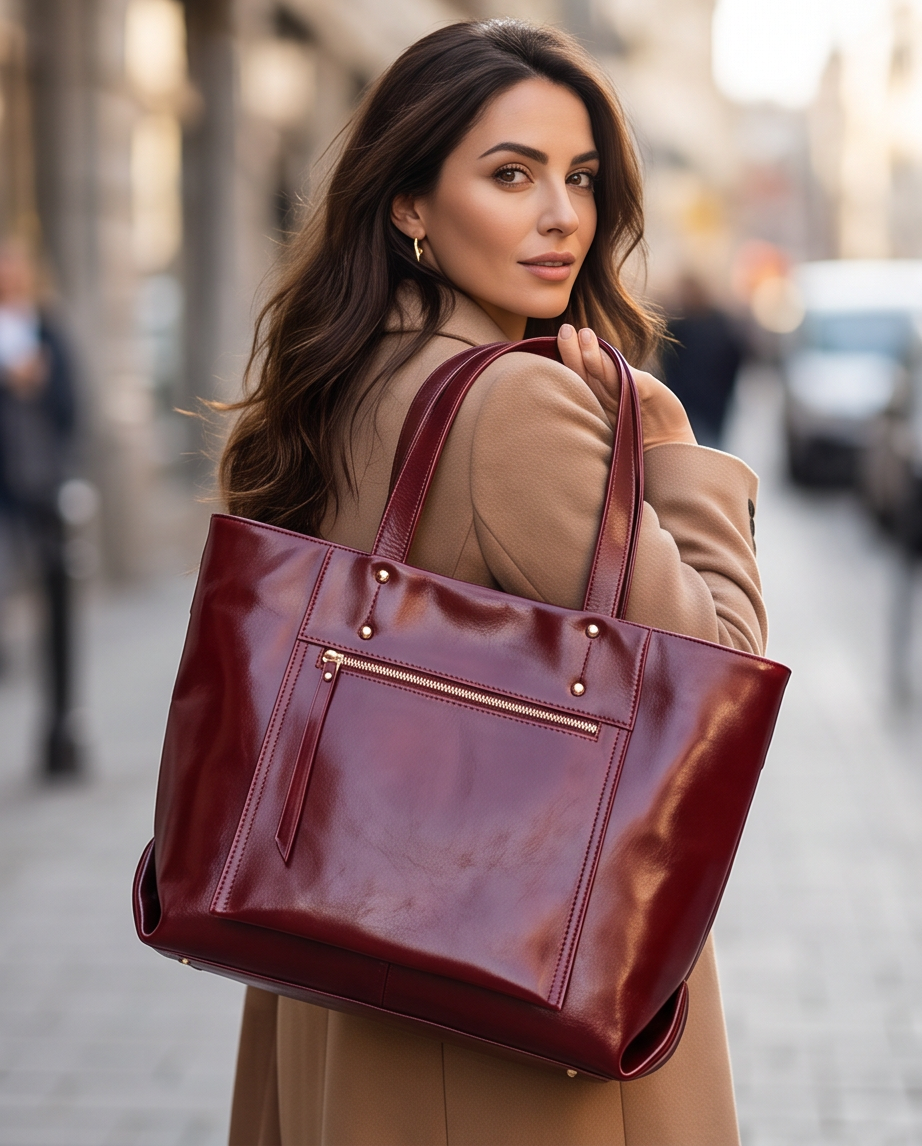 Q-FERA Full-Grain Oil Leather Laptop Tote Bag for Women – 13.3" MacBook, Water-Resistant