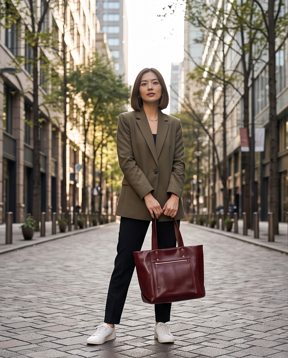 Q-FERA Full-Grain Oil Leather Laptop Tote Bag for Women – 13.3" MacBook, Water-Resistant