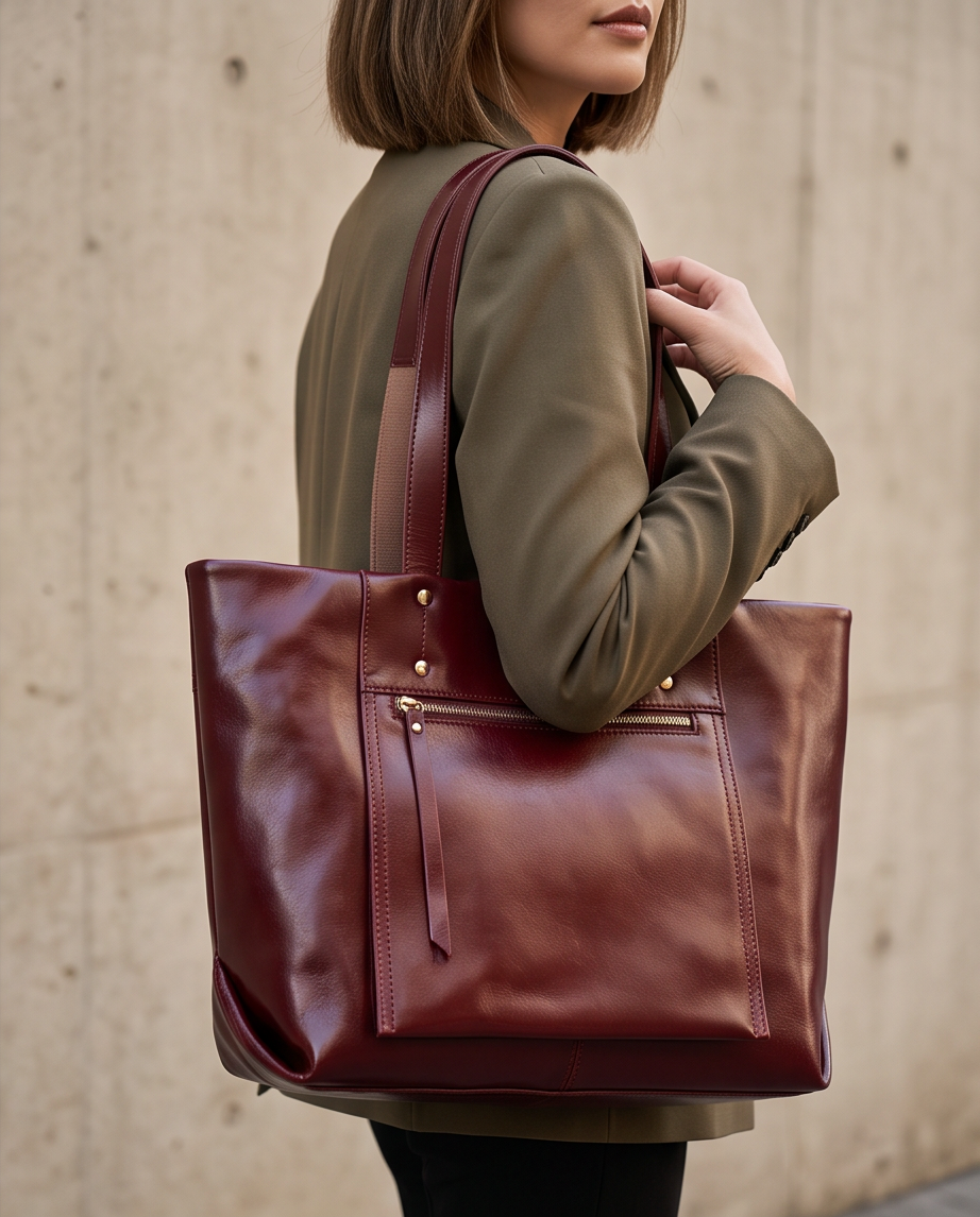 Q-FERA Full-Grain Oil Leather Laptop Tote Bag for Women – 13.3" MacBook, Water-Resistant