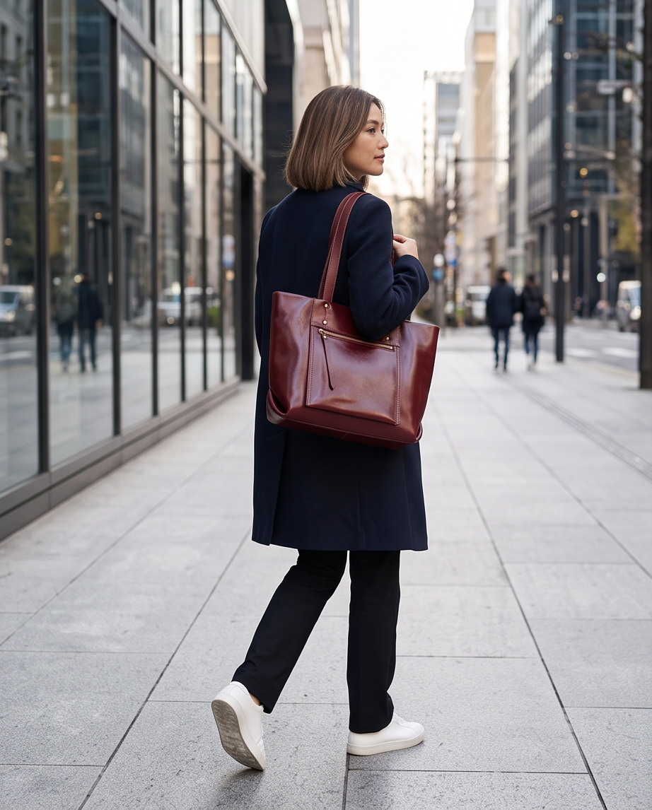 Q-FERA Full-Grain Oil Leather Laptop Tote Bag for Women – 13.3" MacBook, Water-Resistant
