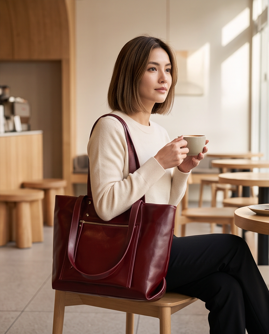 Q-FERA Full-Grain Oil Leather Laptop Tote Bag for Women – 13.3" MacBook, Water-Resistant