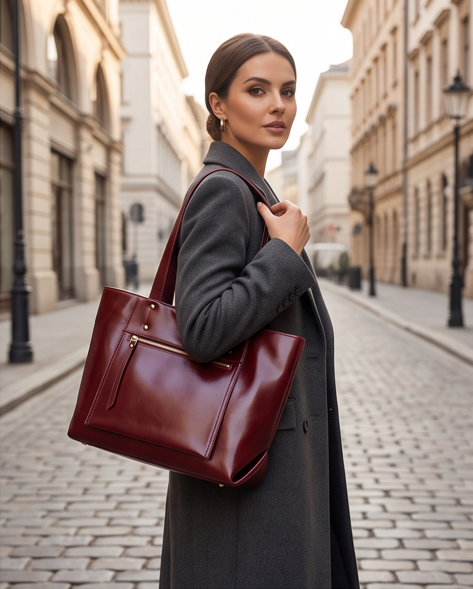 Q-FERA Full-Grain Oil Leather Laptop Tote Bag for Women – 13.3" MacBook, Water-Resistant