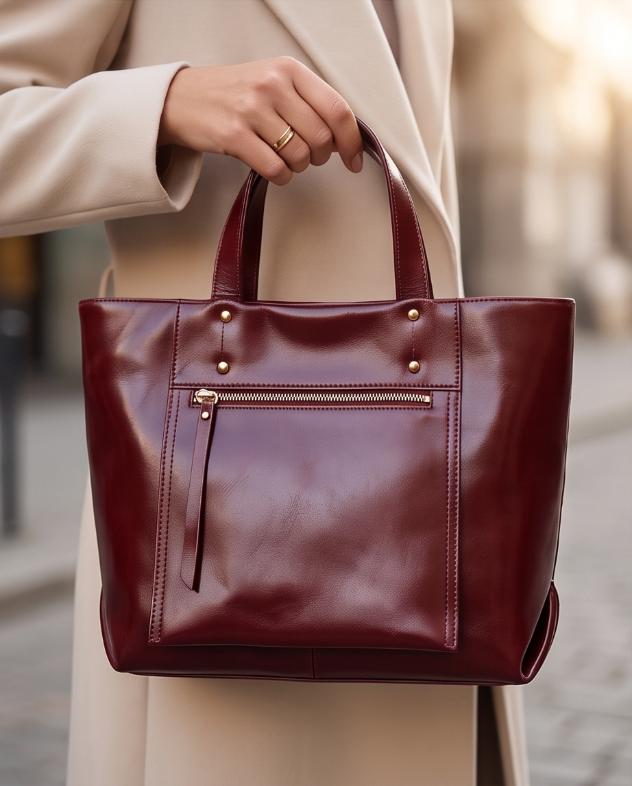 Q-FERA Full-Grain Oil Leather Laptop Tote Bag for Women – 13.3" MacBook, Water-Resistant