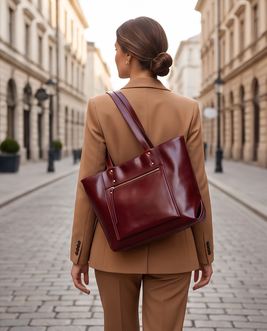 Q-FERA Full-Grain Oil Leather Laptop Tote Bag for Women – 13.3" MacBook, Water-Resistant