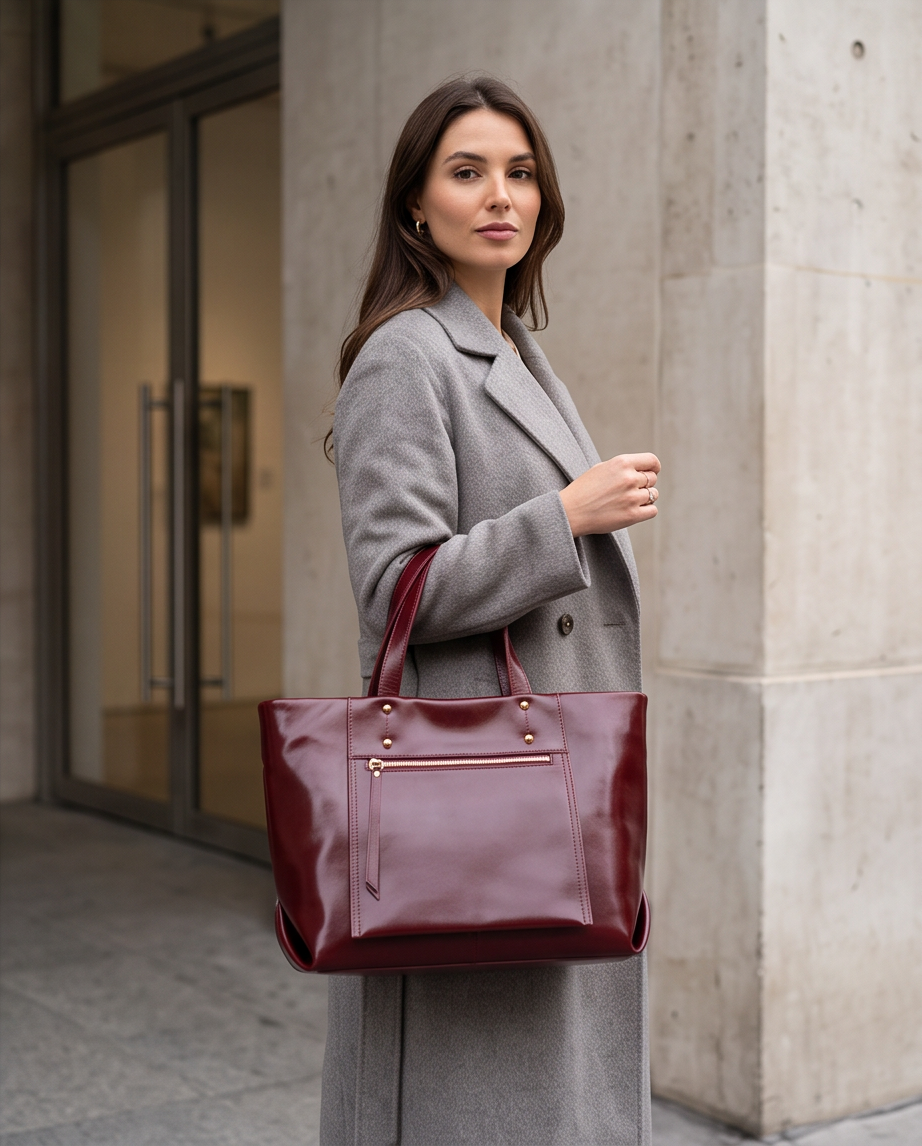 Q-FERA Full-Grain Oil Leather Laptop Tote Bag for Women – 13.3" MacBook, Water-Resistant