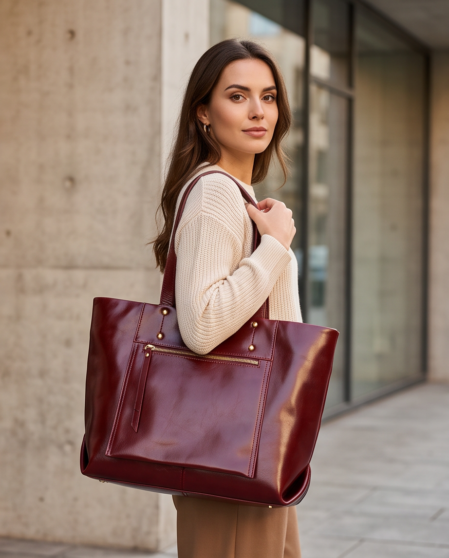 Q-FERA Full-Grain Oil Leather Laptop Tote Bag for Women – 13.3" MacBook, Water-Resistant
