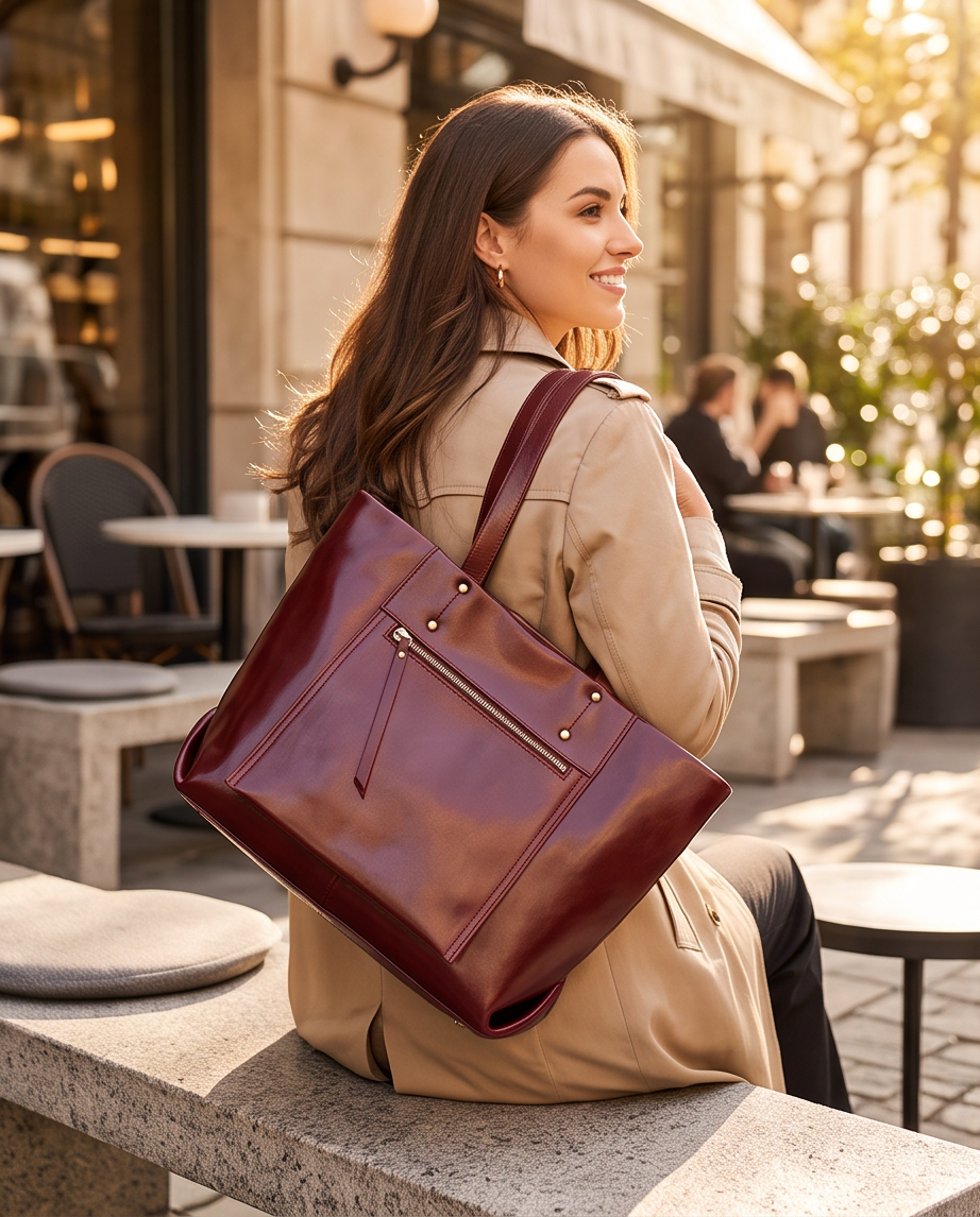 Q-FERA Full-Grain Oil Leather Laptop Tote Bag for Women – 13.3" MacBook, Water-Resistant