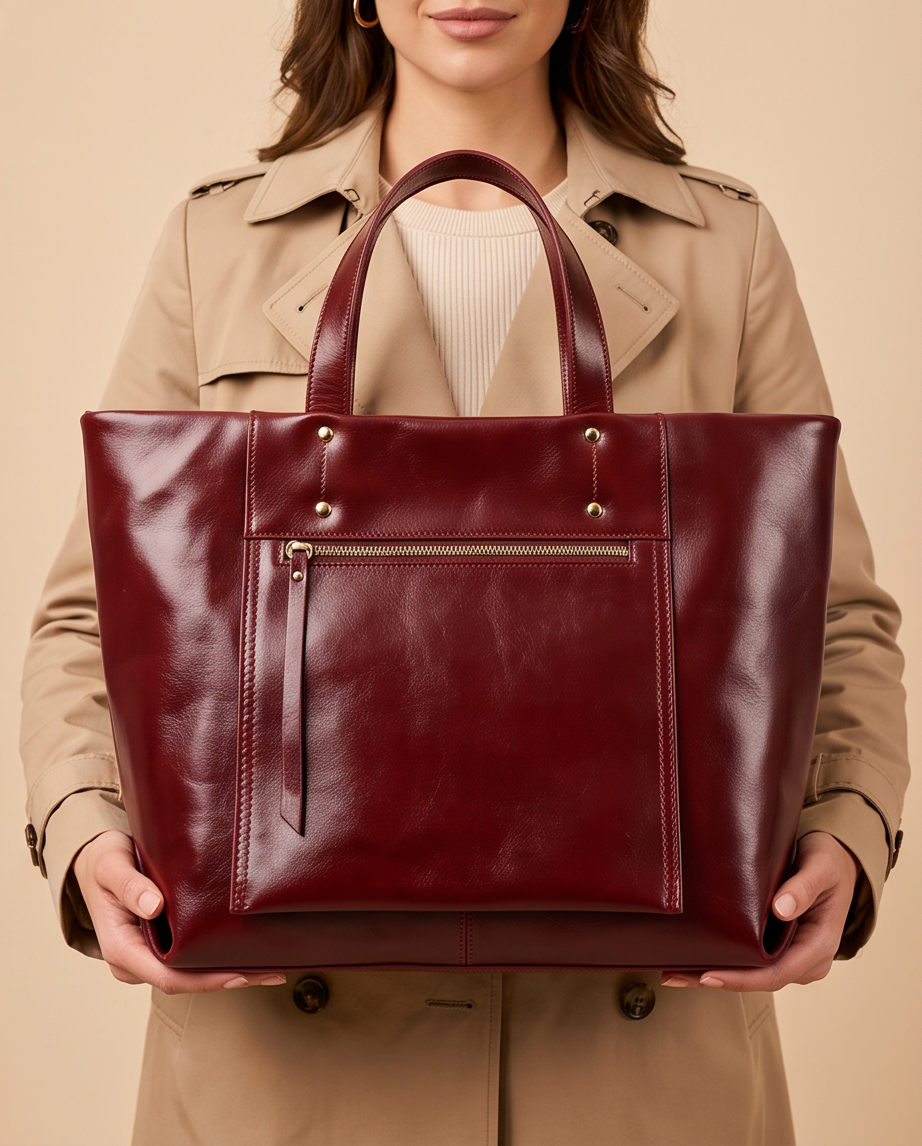 Q-FERA Full-Grain Oil Leather Laptop Tote Bag for Women – 13.3" MacBook, Water-Resistant