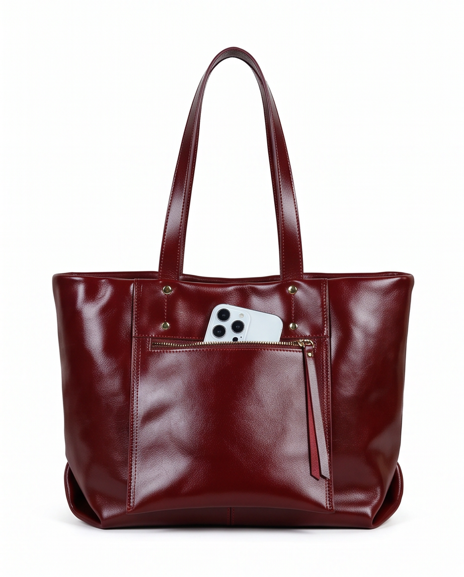Q-FERA Full-Grain Oil Leather Laptop Tote Bag for Women – 13.3" MacBook, Water-Resistant