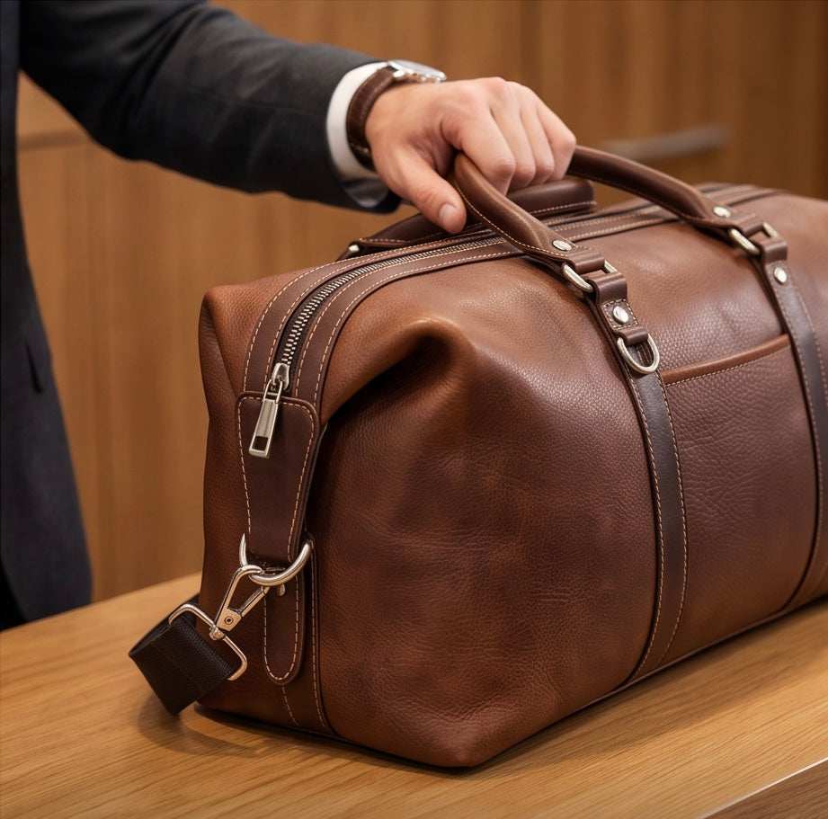 Q-FRONTIER Luxury Full-Grain Leather Duffel Bag for Men – 44L Gym, Travel & Weekend Bag