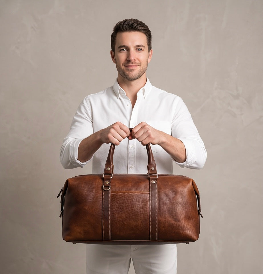 Q-FRONTIER Luxury Full-Grain Leather Duffel Bag for Men – 44L Gym, Travel & Weekend Bag