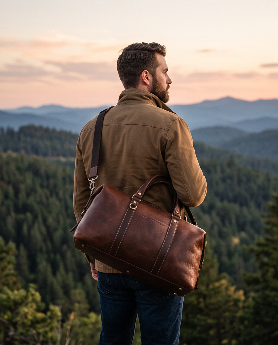 Q-FRONTIER Luxury Full-Grain Leather Duffel Bag for Men – 44L Gym, Travel & Weekend Bag