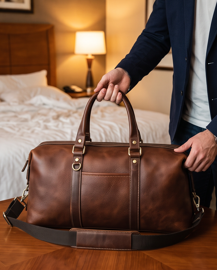 Q-FRONTIER Luxury Full-Grain Leather Duffel Bag for Men – 44L Gym, Travel & Weekend Bag