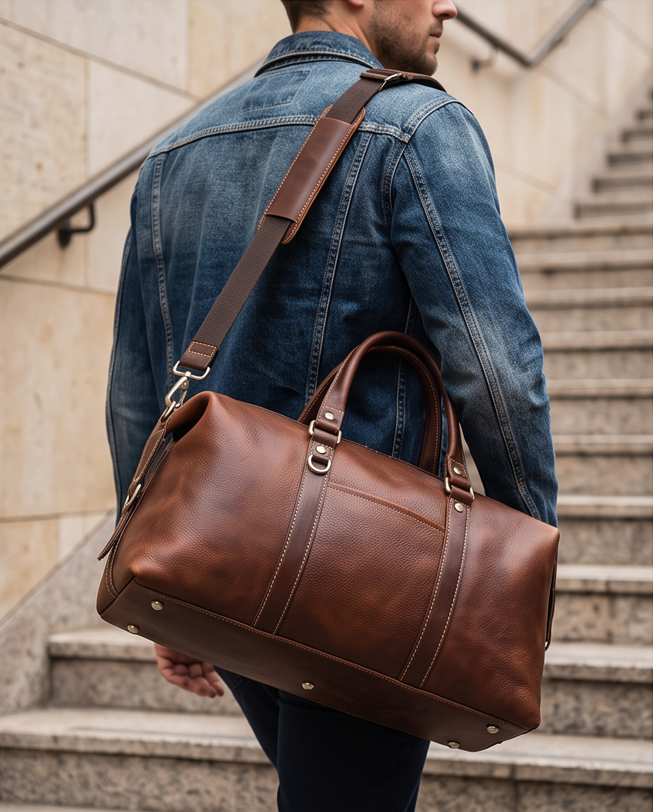 Q-FRONTIER Luxury Full-Grain Leather Duffel Bag for Men – 44L Gym, Travel & Weekend Bag