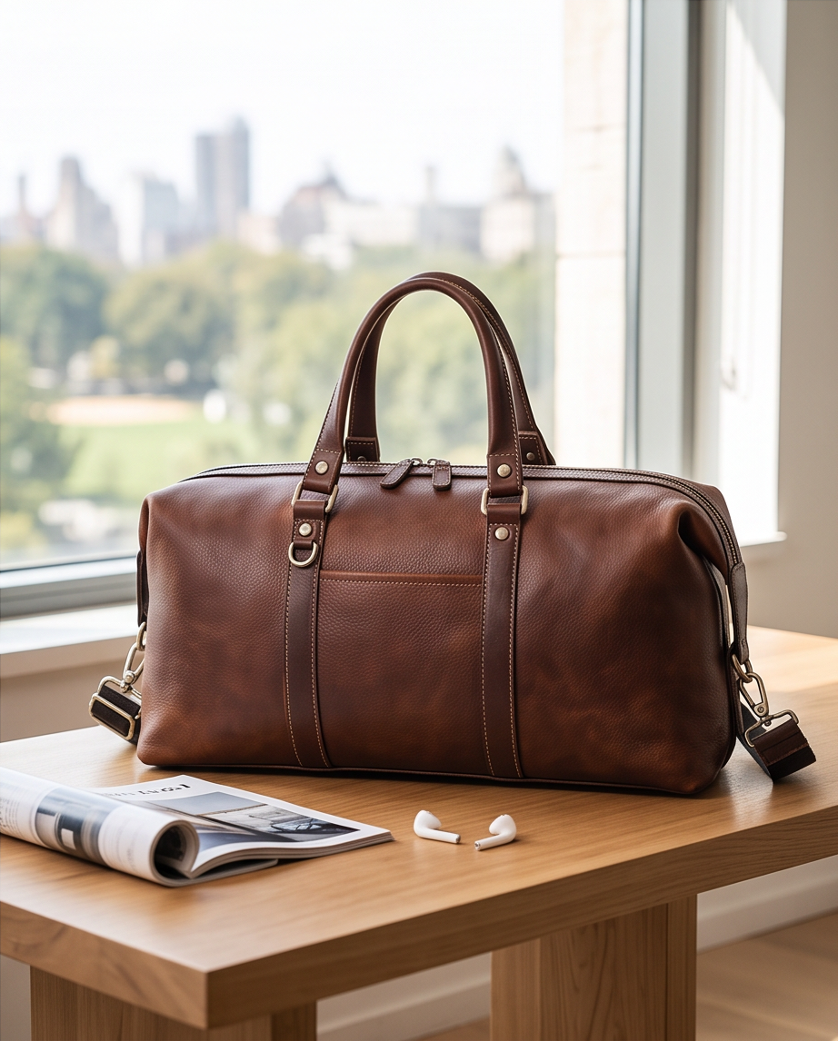 Q-FRONTIER Luxury Full-Grain Leather Duffel Bag for Men – 44L Gym, Travel & Weekend Bag