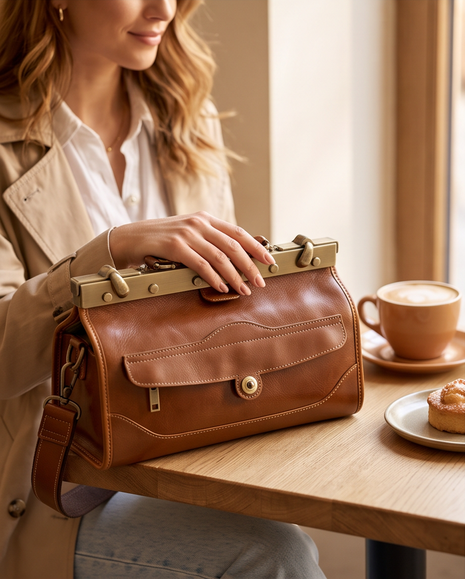 Q-MARVELLA Vintage Luxury Mini Box Handbag for Women – Full-Grain Vegetable-Tanned Leather, Kiss-Lock