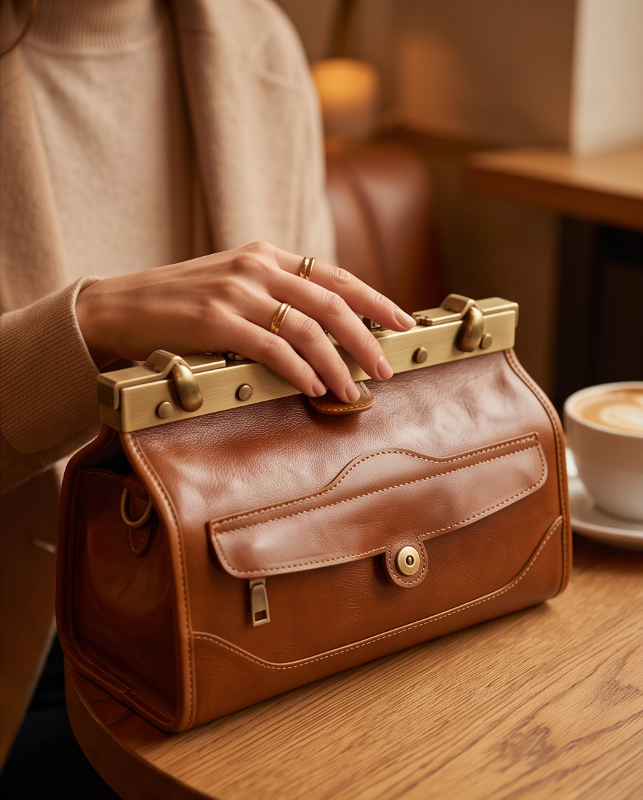 Q-MARVELLA Vintage Luxury Mini Box Handbag for Women – Full-Grain Vegetable-Tanned Leather, Kiss-Lock