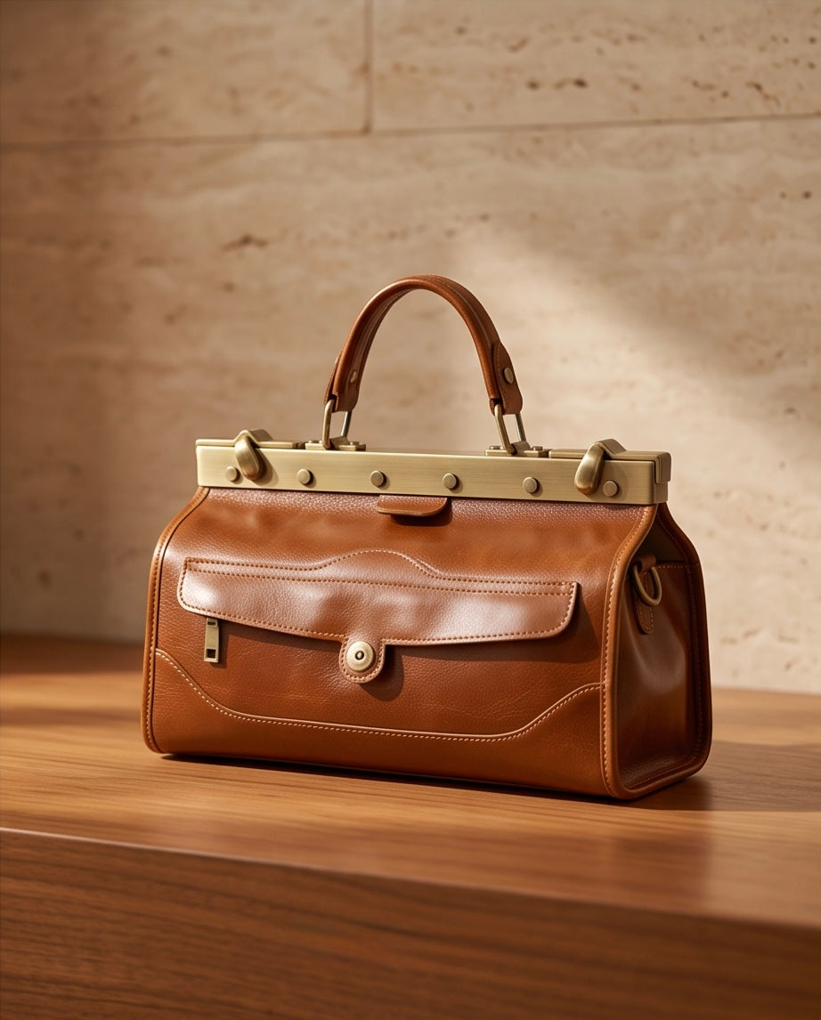 Q-MARVELLA Vintage Luxury Mini Box Handbag for Women – Full-Grain Vegetable-Tanned Leather, Kiss-Lock