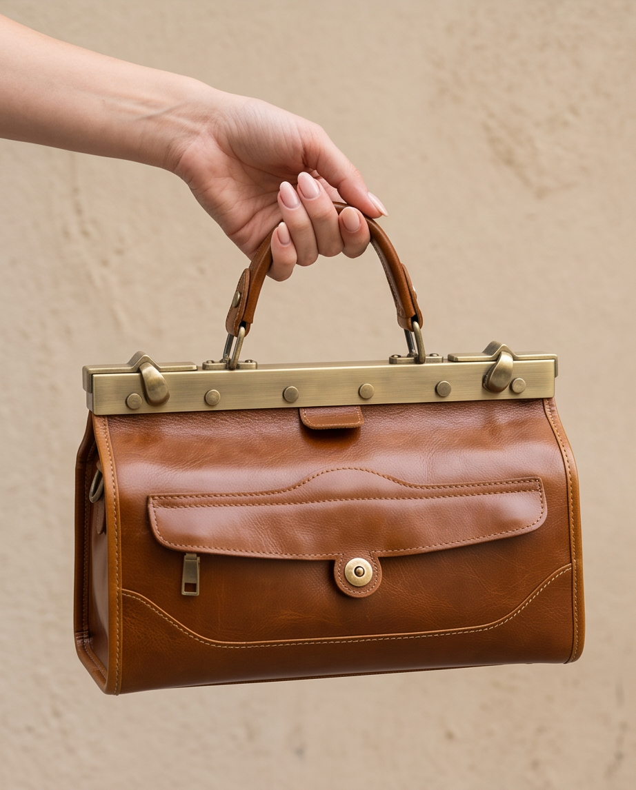 Q-MARVELLA Vintage Luxury Mini Box Handbag for Women – Full-Grain Vegetable-Tanned Leather, Kiss-Lock