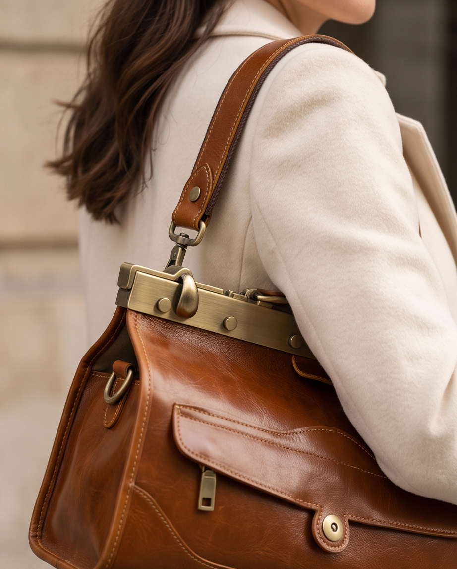 Q-MARVELLA Vintage Luxury Mini Box Handbag for Women – Full-Grain Vegetable-Tanned Leather, Kiss-Lock