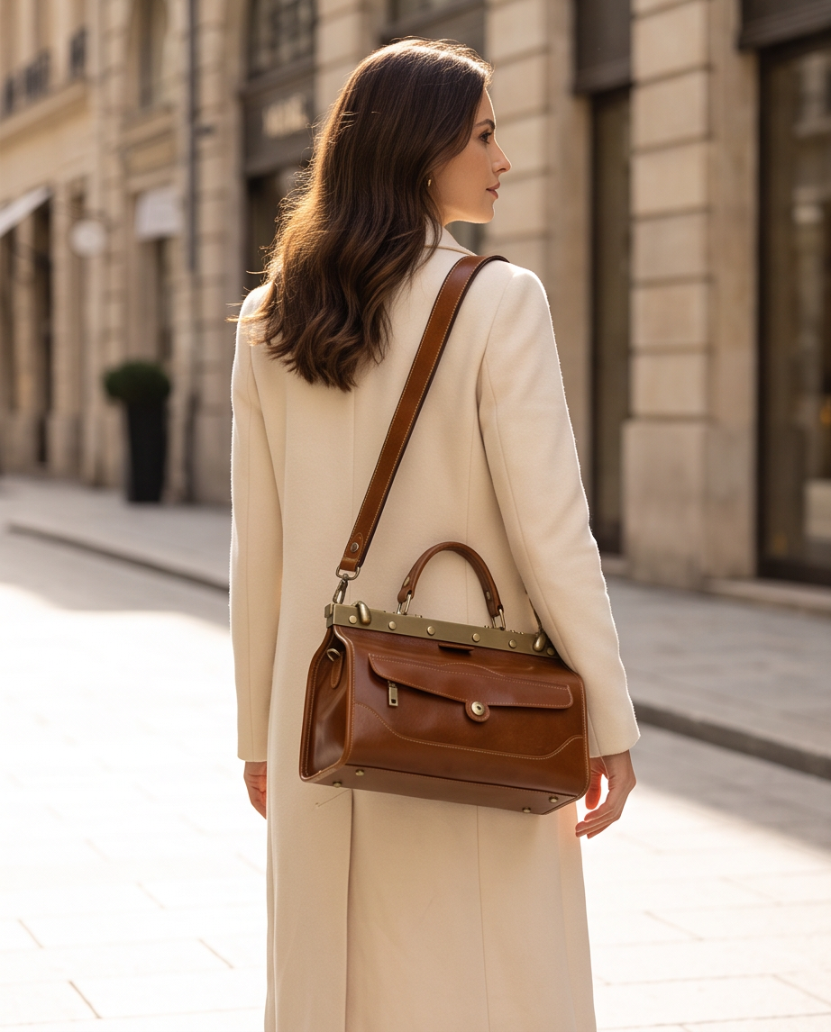 Q-MARVELLA Vintage Luxury Mini Box Handbag for Women – Full-Grain Vegetable-Tanned Leather, Kiss-Lock
