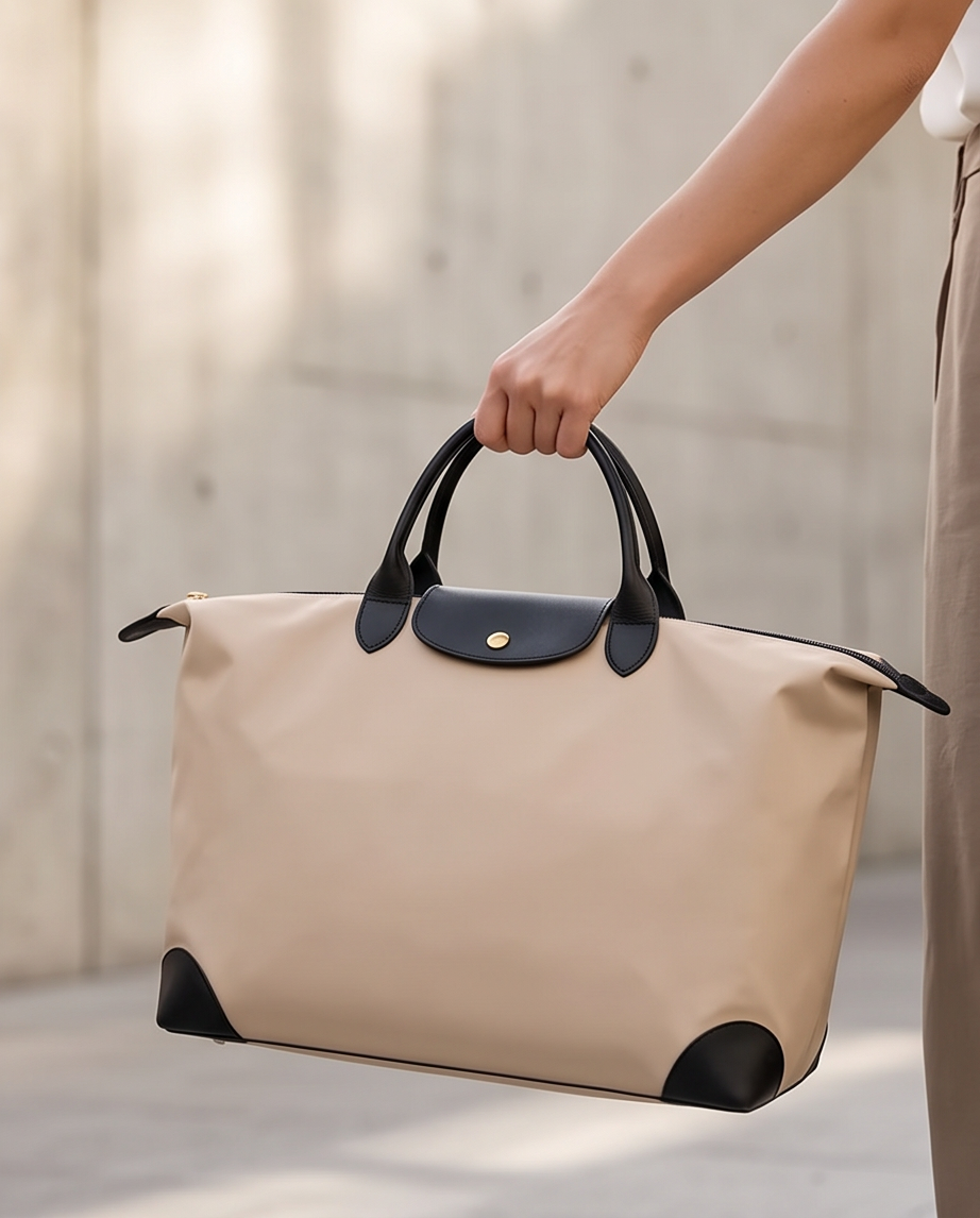 Q-CARA Large Nylon & Leather Travel Tote Bag for Women – Laptop Compartment, Waterproof