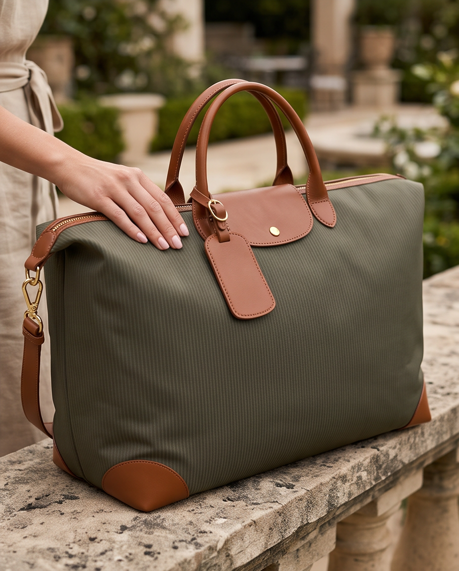 Q-CARA Large Nylon & Leather Travel Tote Bag for Women – Laptop Compartment, Waterproof