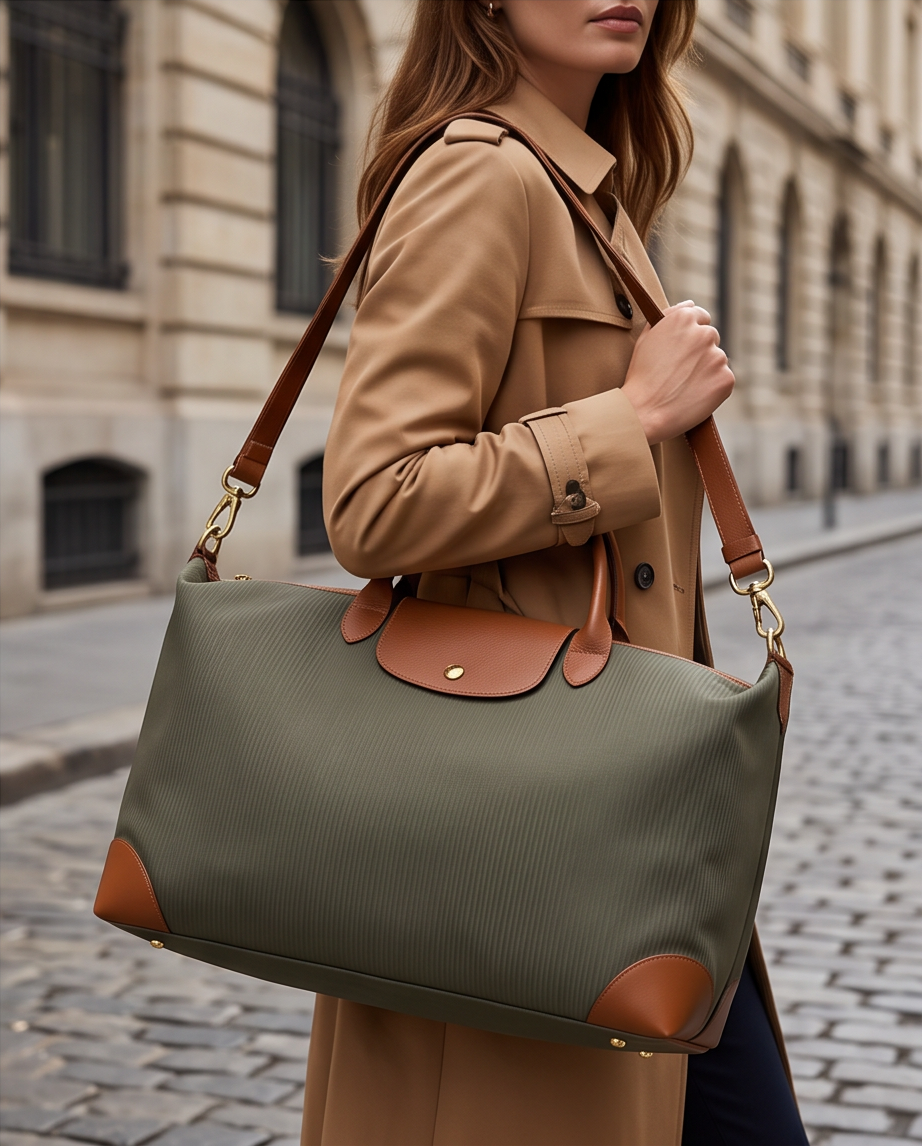 Q-CARA Large Nylon & Leather Travel Tote Bag for Women – Laptop Compartment, Waterproof