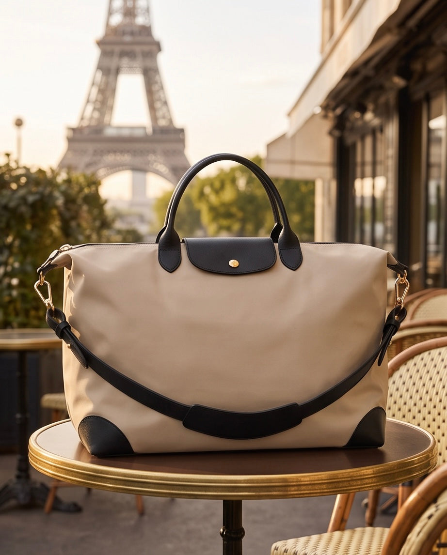 Q-CARA Large Nylon & Leather Travel Tote Bag for Women – Laptop Compartment, Waterproof