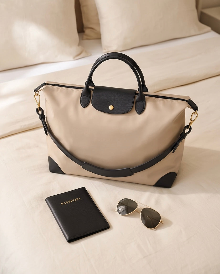 Q-CARA Large Nylon & Leather Travel Tote Bag for Women – Laptop Compartment, Waterproof